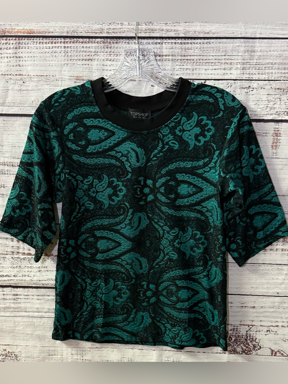 Topshop Teal/Green and Black Paisley Short Sleeve Top